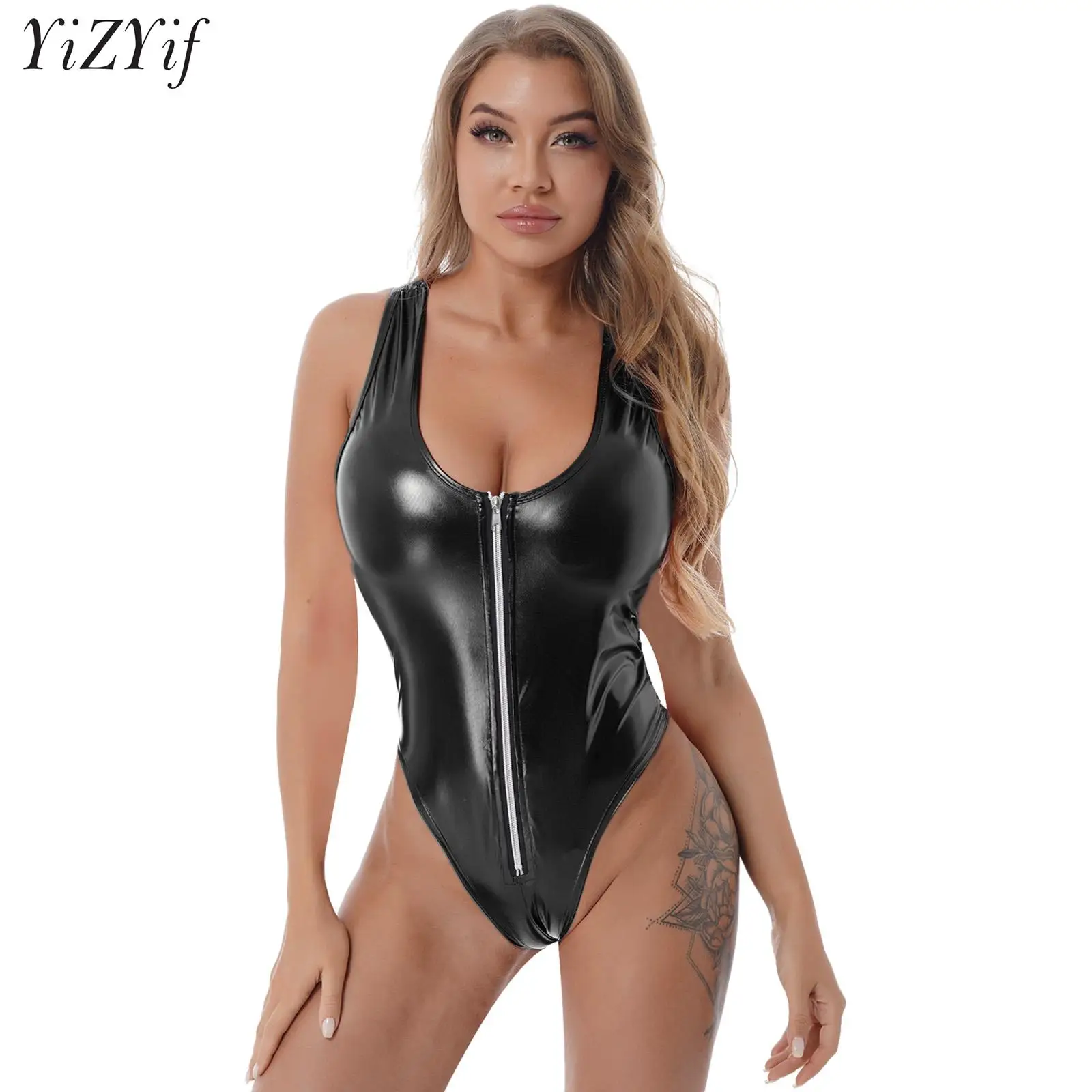 

Women Metallic Low Cut One Piece Swimsuit Monokini Swimwear Beach Bathing Suit Front Zipper High Cut Thong Bodysuit Clubwear