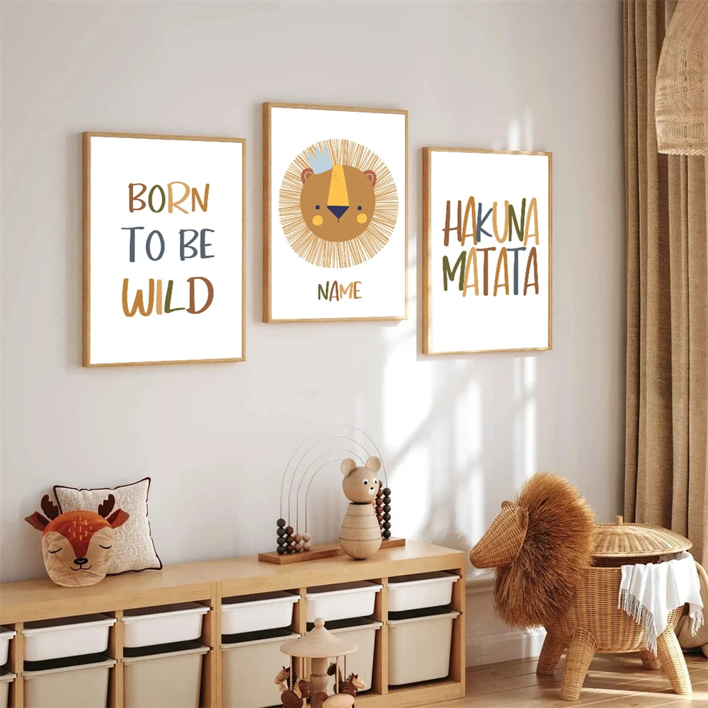 

HAKUNA MATATA Quote Wall Poster Cartoon Lion Canvas Painting Custom Name Art Print Nursery Wall Pictures Baby Kids Room Decor