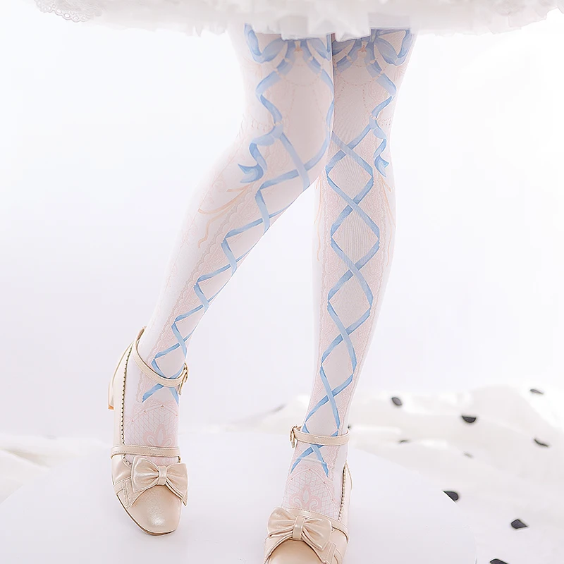 Kawaii Girls Lolita Long Socks Women's Spring/Summer Velvet Printed Pantyhose Lolita Japanese Sweet Girl Stockings Legging