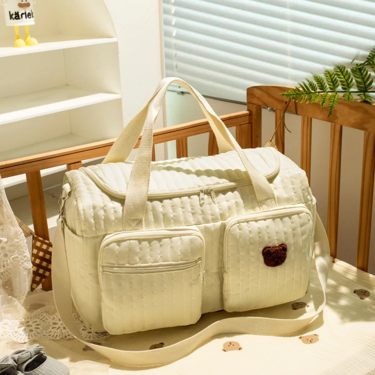 Cute Bear Baby Diaper Bag Embroidery Pattern Mommy Bag Baby Beige Cotton Fabric Multi-pocket Zipper Diaper Handbag Luggage Bag