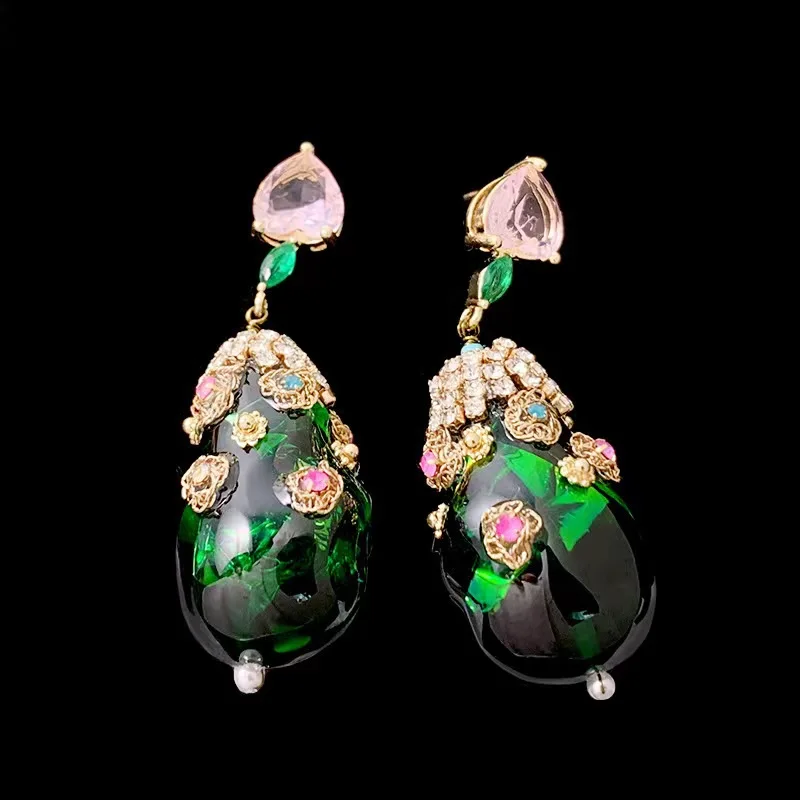 

Women Eardrop Brass Copper Alloy Green Glaze Waterdrop Dangle Earrings for Female Part Crystal Push Back Jewelry Accessories