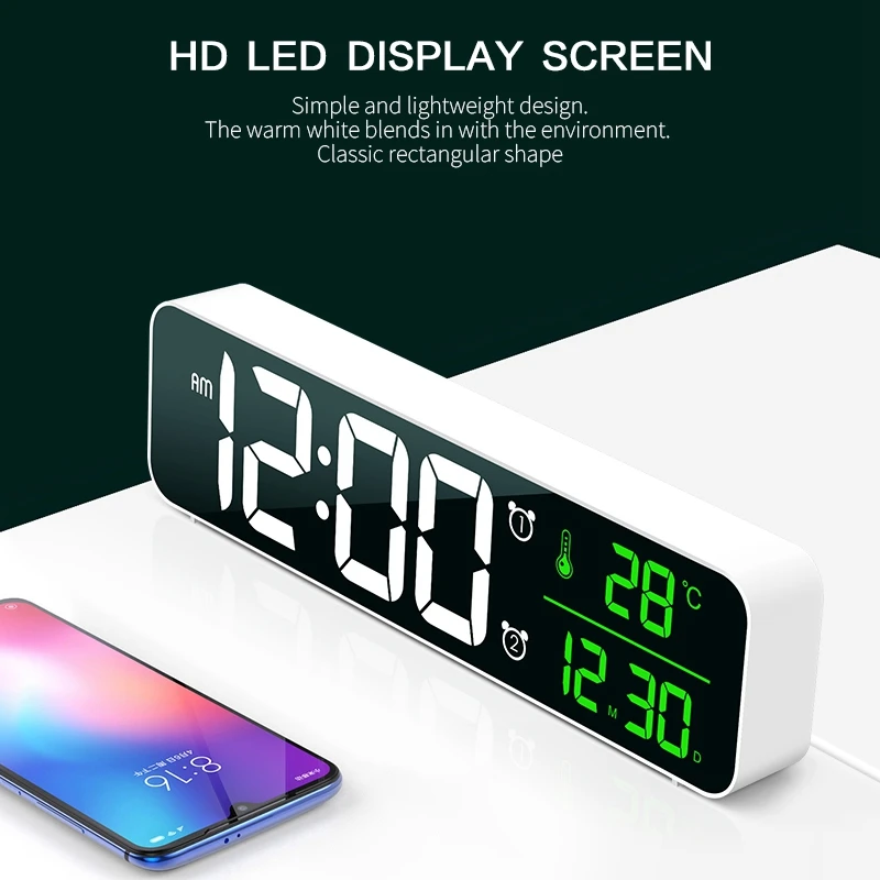 

LED Display Large Screen Digital Wall Clock Thermometer Date Home Decors Wall-Mounted Desktop Mirror Dual Alarm USB Music Clocks