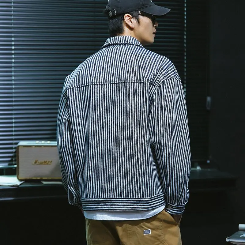 Spring High Street Casual Vintage Stripe Men Printing Jacket Loose Trend All-match Large Size Affordable Lapel Collar Coat mens jacket