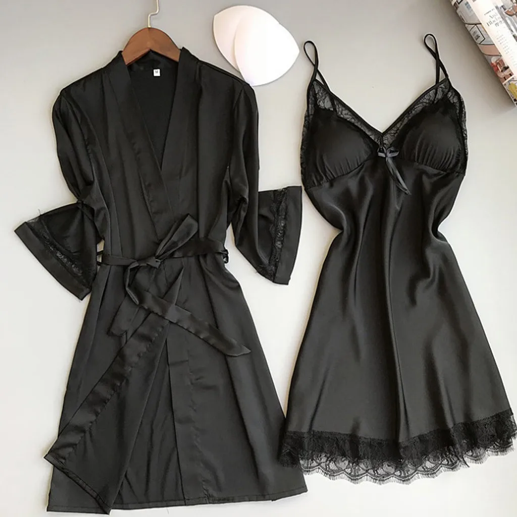 2 Piece Set Pajamas Women Silk Robe Kimono Lace Trim Night Dress Bridesmaid Satin Sexy Lingerie Summer Bathrobe Sleepwear 20Jan