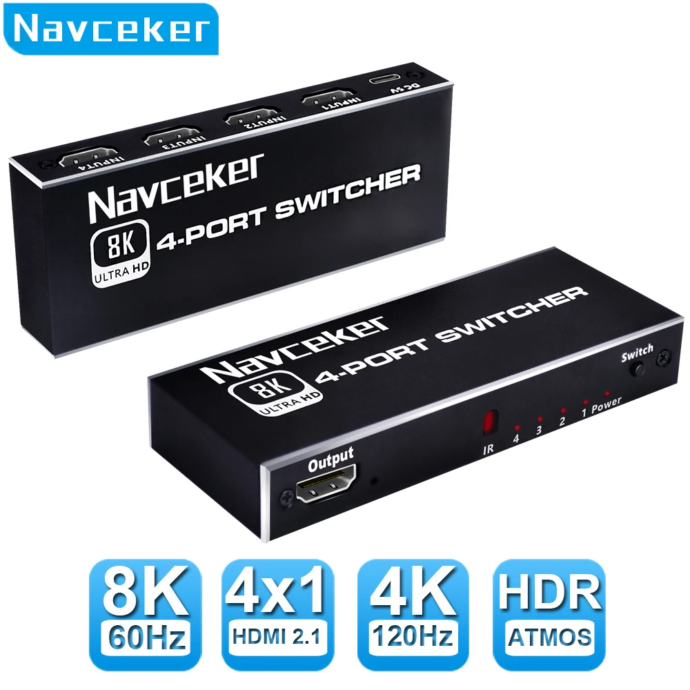 Navceker 8K Hdmi 2.1 Switcher Selector 4K 120Hz Hd Switch Splitter Hdmi 4 In 1 Out 3 In 1 Out Per Laptop Pc Switch Tv Box Ps5