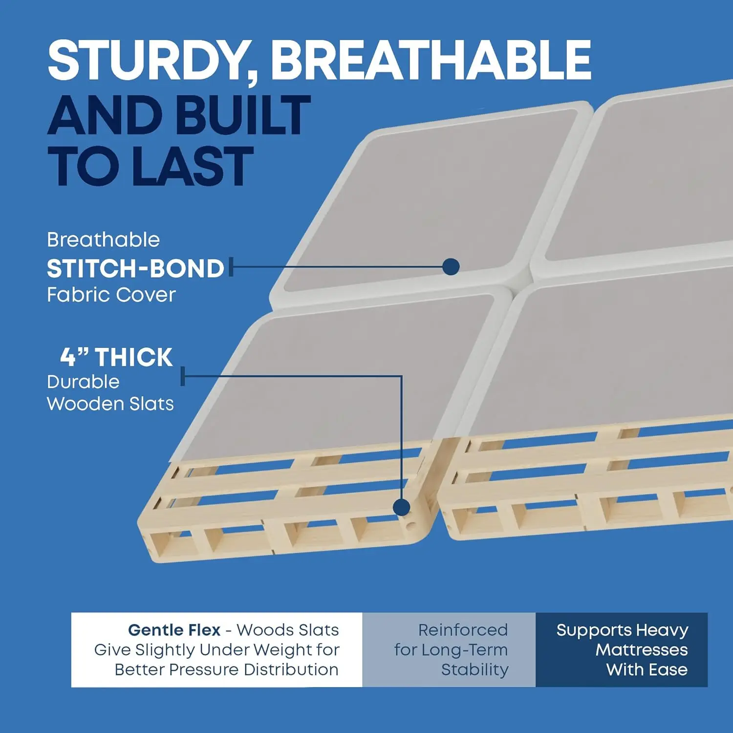 Box Spring Bed Base Size, 4-Inch 4-Pieces Under Mattress-Support BoxSpring , Fully Assembled, White, Queen(Fold)