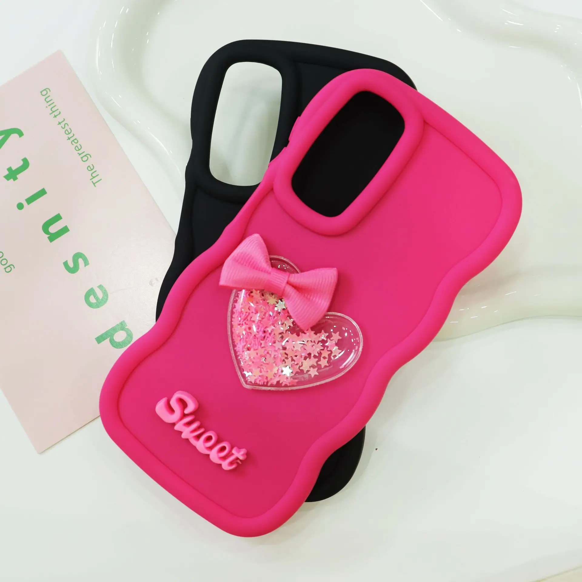 Charming 3D Quicksand Heart Bow Silicone Phone Case