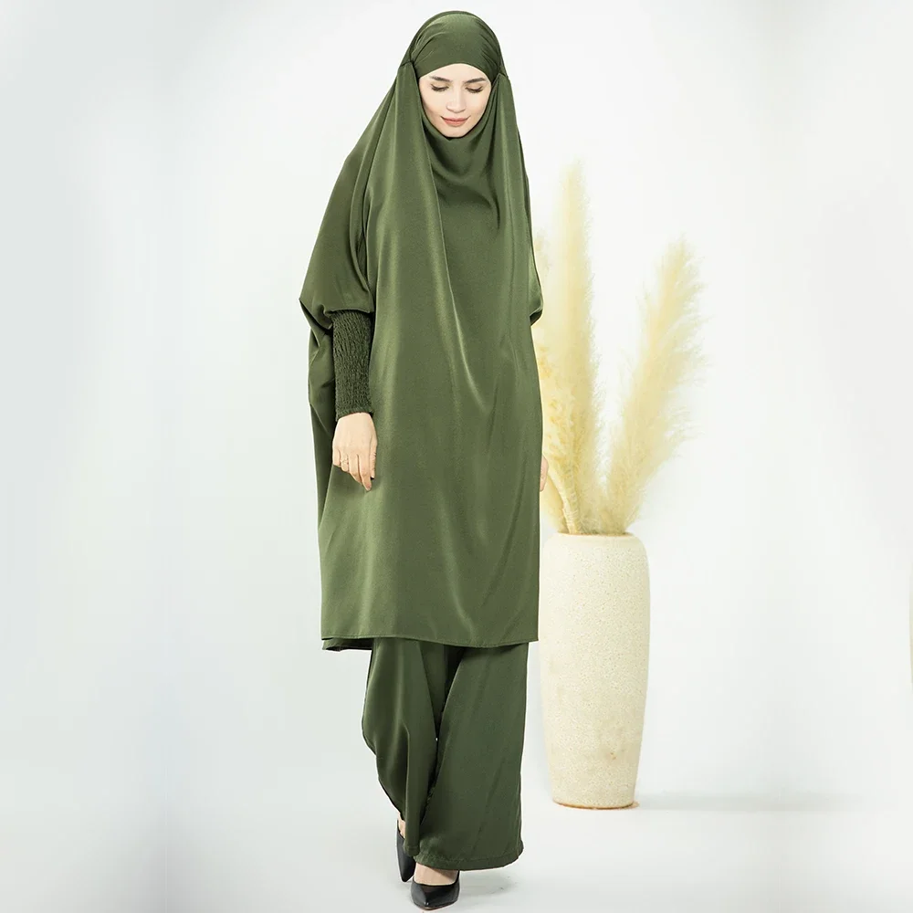 Satin Jilbab 2 Piece Set Muslim Woman Prayer Outfit Abaya Long Khimar with Pants Suit Sets Turkey Dubai Ramadan Islamic Clothing