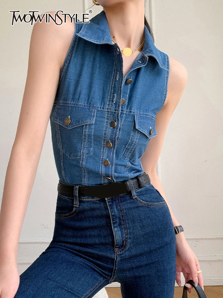 

TWOTWINSTYLE Solid Denim Tank Tops For Women Lapel Sleeveless Patchwork Single Breasted Slim Vintage Vest Female Fashion 2023
