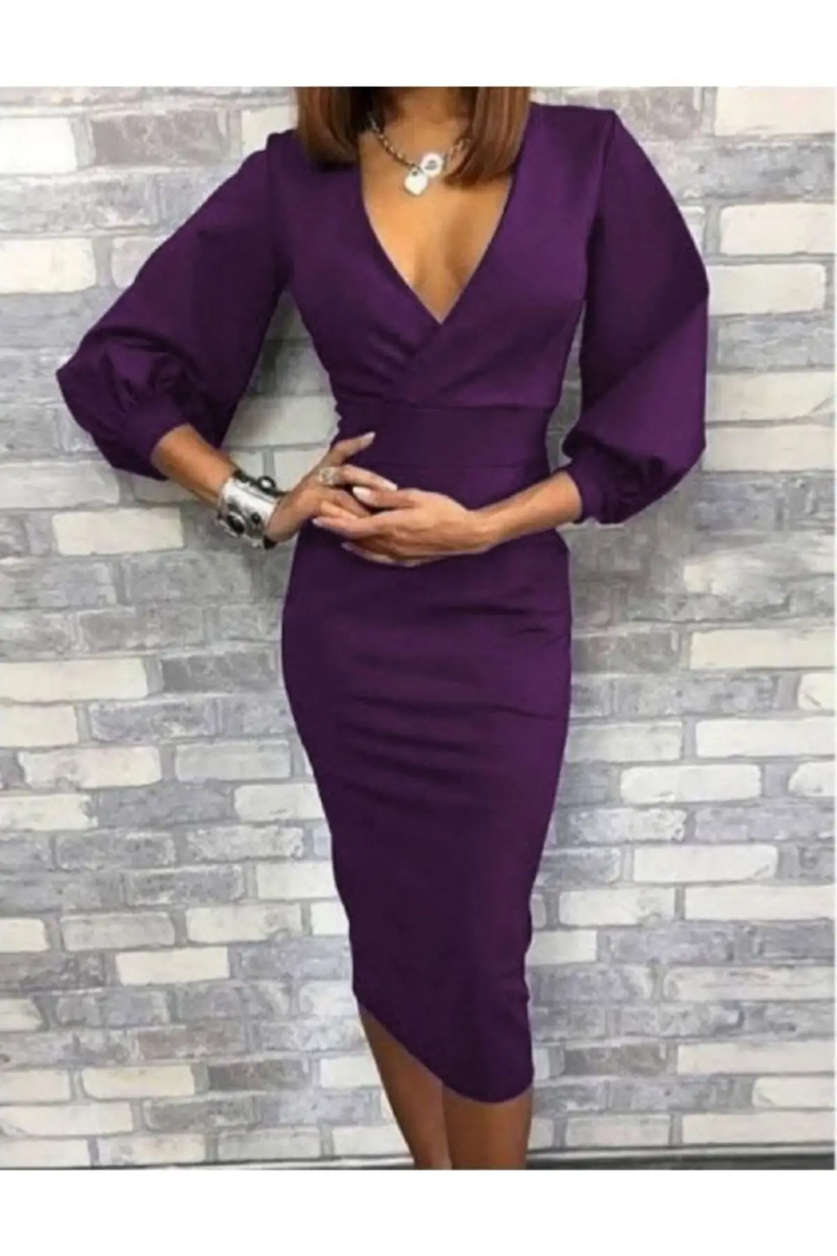 

Flexible Crepe Fabric Purple Double Breasted Neck Long Sleeve Dress Emr-021 Knitted Trend Solid Color Bodycon Midi Clothing