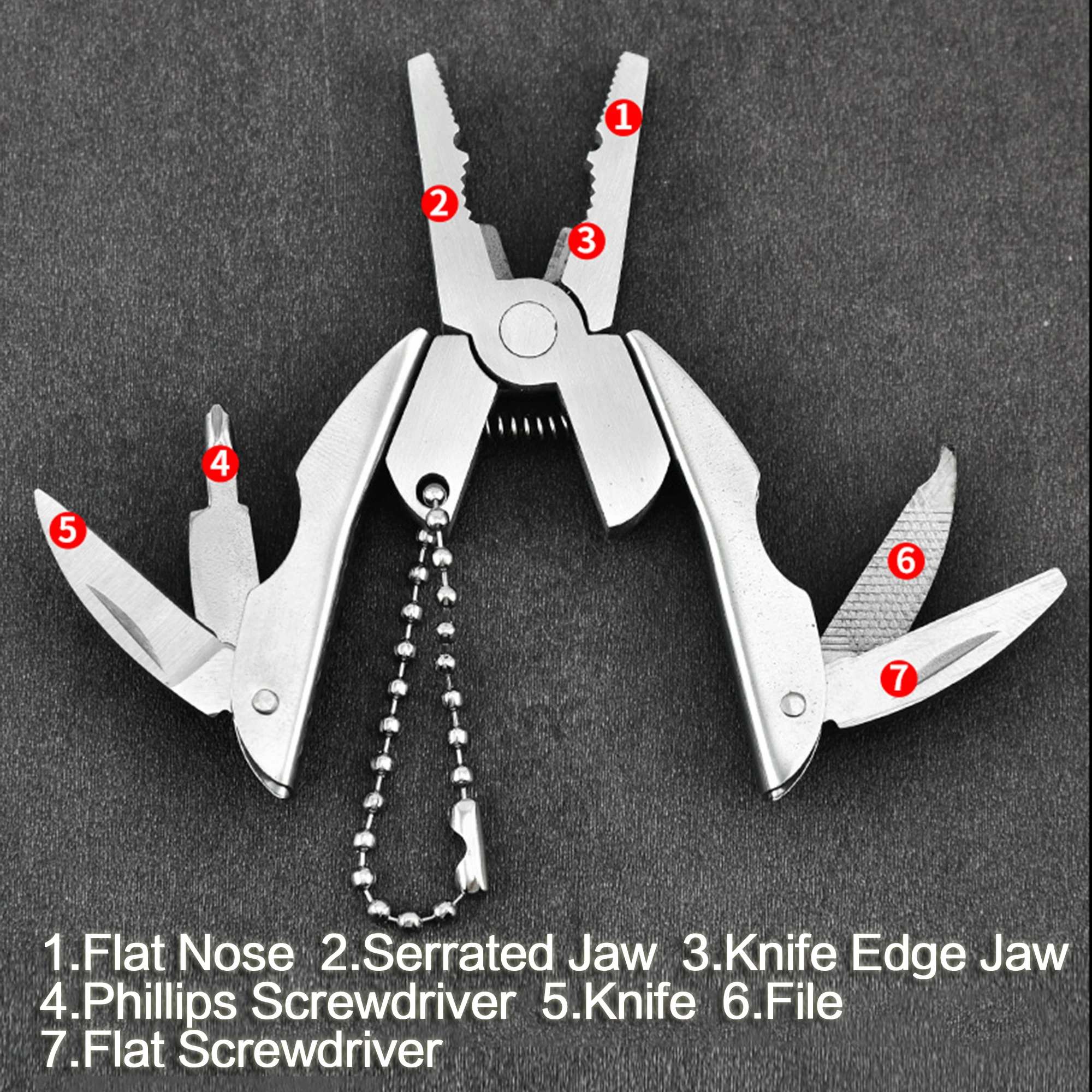 Pocket-Sized Multifunctional Keychain Tool - Mini Pliers with Wire Stripper, Phillips Screwdriver, Knife, File, Flat Screwdriver