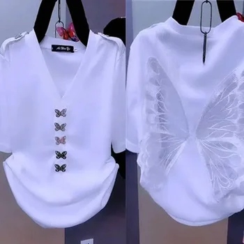 Korean Solid Color T-shirt Stylish Butterfly Three-dimensional Decoration Female Summer Elegant V-Neck Sexy Backless Pullovers 1