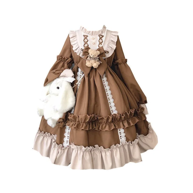 Japanese Gothic Lolita Dress Women Kawaii Bow Bear Lace Blue Dress Long Sleeve Princess Tea Party Costume Gift For Girls