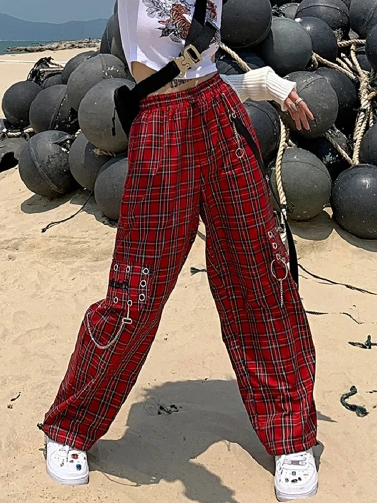 QWEEK Checked Trousers Women Japanese Streetwear Punk Cargo Pants Women Hippie Chain Harajuku Indie Y2K Aesthetic Hip Hop qweek y2k oversized women s jeans harajuku vintage wide leg denim pants streetwear baddies punk hippie trousers korean fashion