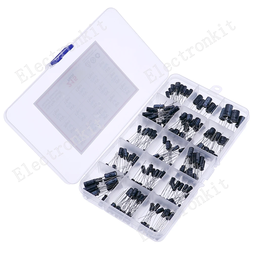 215pcs 15 Values Electrolytic Capacitors Mixed kit Box 0.1UF0.22UF0.33UF0.47UF1UF2.2UF3.3UF4.7UF10UF22UF33UF47UF100UF220UF330UF