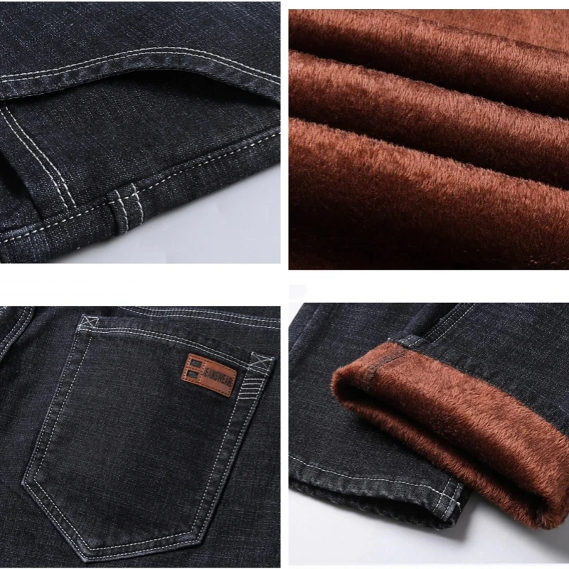 Black Straight Fleece Men Jeans Winter Elasticity Warm Velvet Thick Loose Stretch Denim Trousers Brand Male Fit Pants Baggy