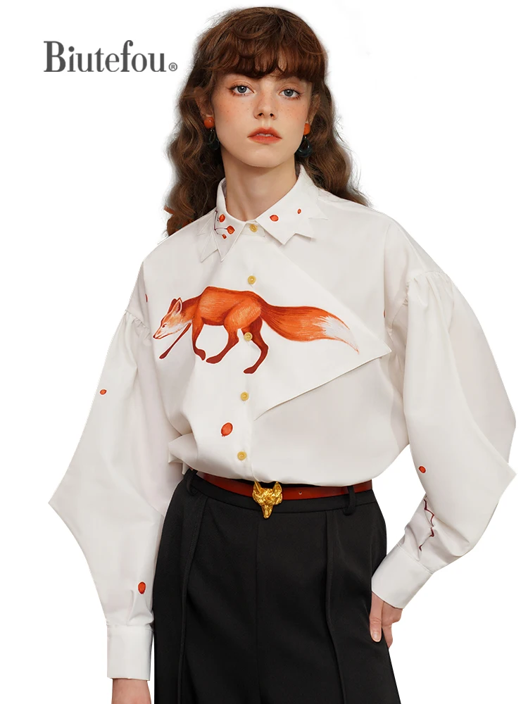 2023 Spring Women Patch Design Irregular Fox Print Shirt| | - AliExpress