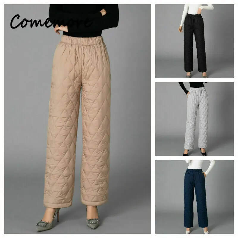 New Winter Warm Down Cotton Pants Women Fashion Padded Quilted Thicken Trousers Elastic Waist Lightweight Casual Pants
