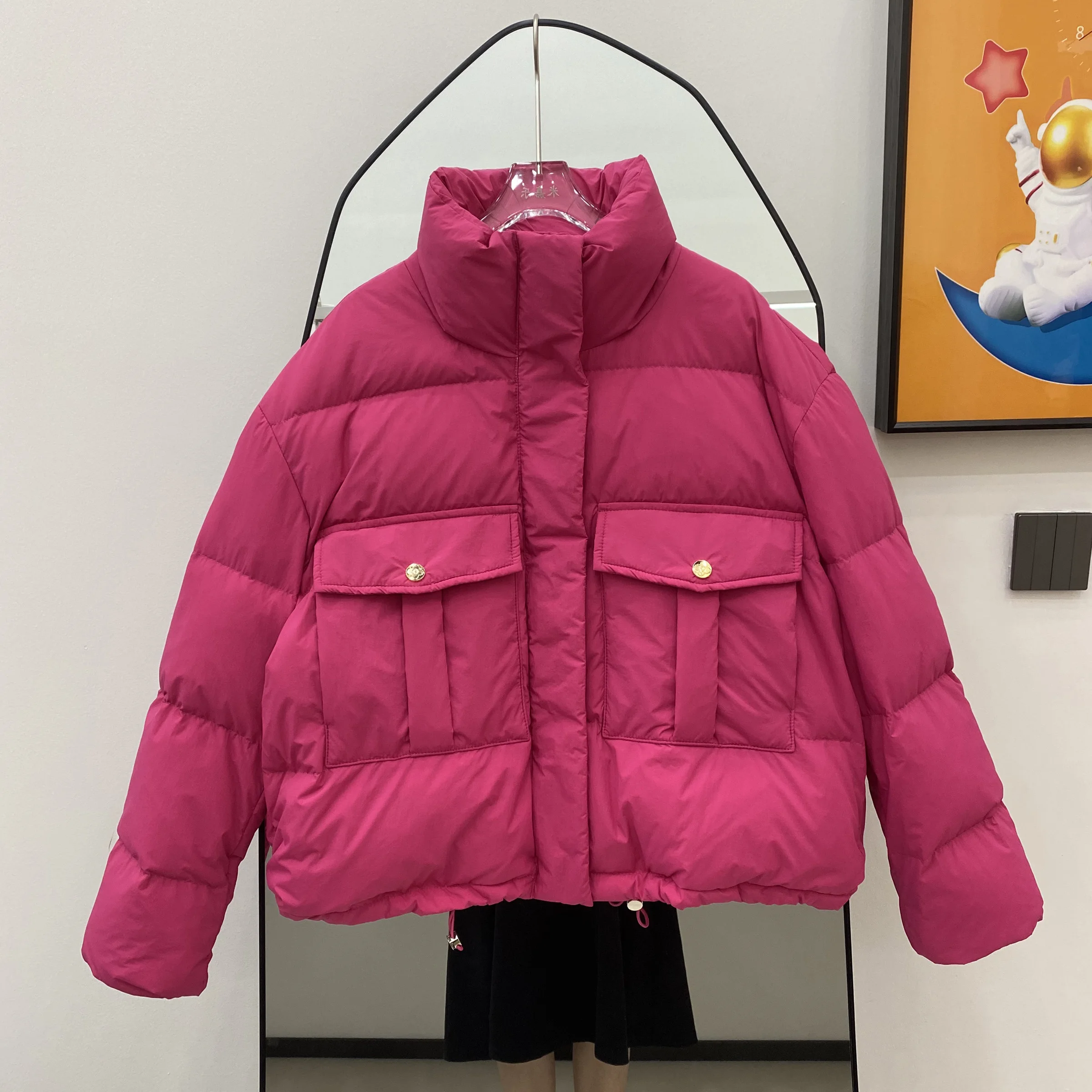 

2023 New Fashion Down Jacket Women's Stand Collar Loose Thickening Big Pocket Long Sleeve Casual Warm White Duck Down Coat L398