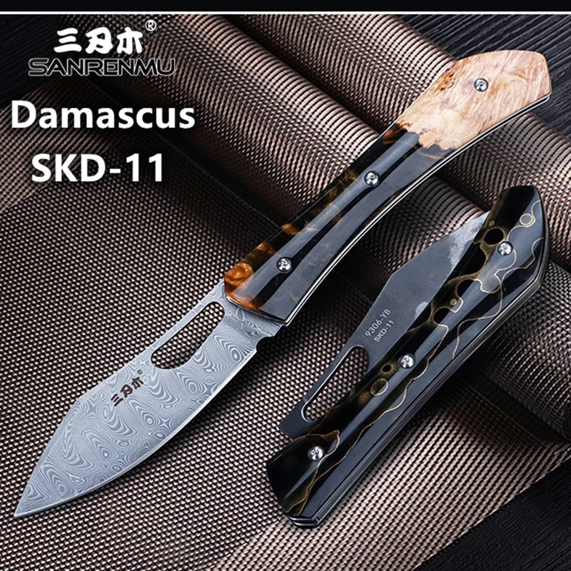 

SANRENMU NEW 9306 SKD-11/Damascus Blade Pocket Folding Knife Hunting Outdoor Camping Rescue Knife No Lock Fruits Knifing knives