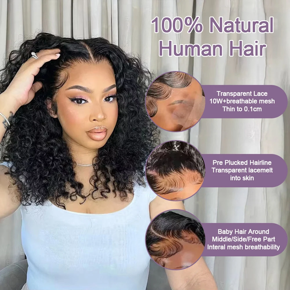 Perruque Courte Bouclée Vietnamienne 100% Cheveux Humains Bob Lace Wigs 5×5 Sans Colle Multi-Partitions 40 Pouces Perruques Cheveux Humains HD Frontal 13×6
