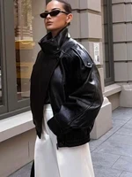 TFMLN 2025 femmes Faux cuir veste ample haute rue col montant à manches longues manteau mode casual fermeture éclair vêtements d'extérieur automne hiver 2