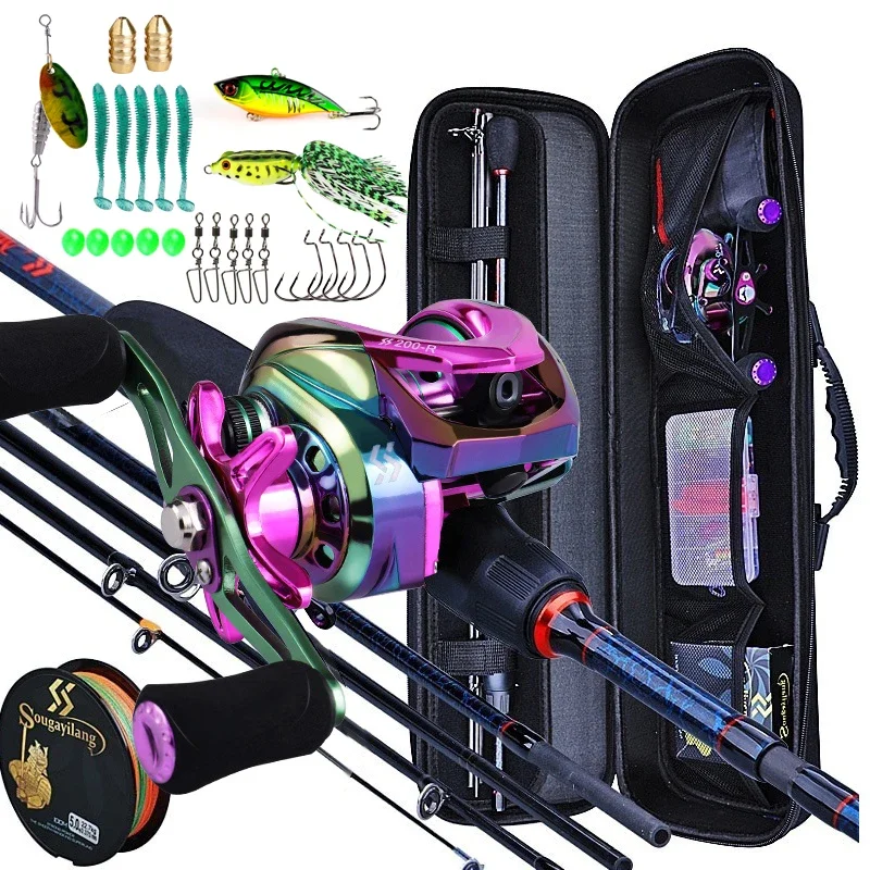 Fishing Rod and Reel Set 5 Section Carbon Rod Baitcasting Reel Travel Fishing Set With Carrier Bag Full Kits Sougayilang