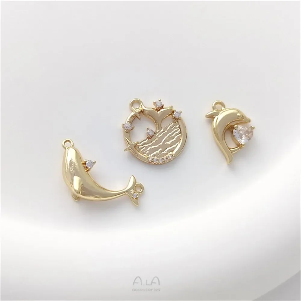 

14K Gold Inlaid Zircon Fishtail Pendant, Marine Life Pendant, Bracelet, Earrings, Charm Necklace K529