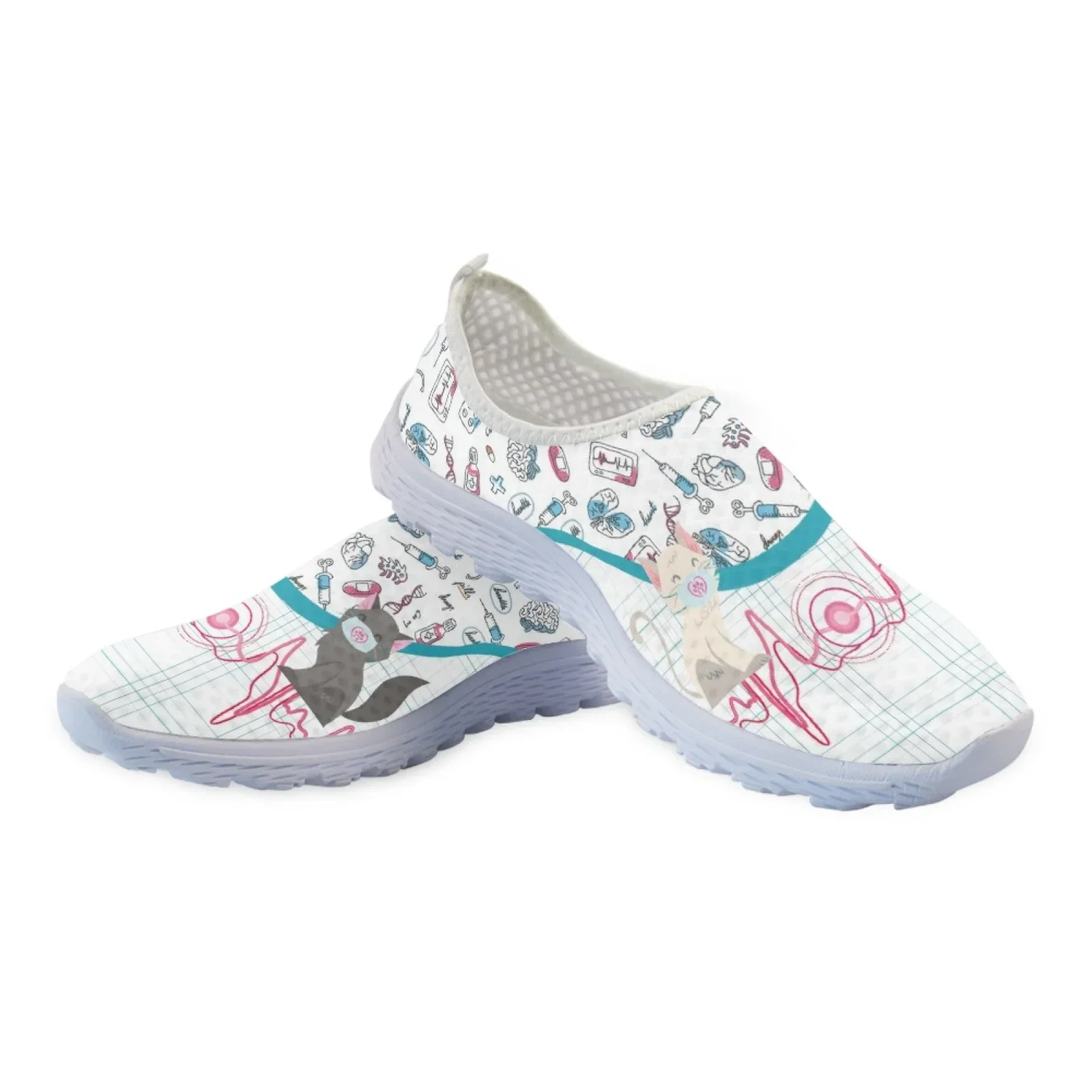 Cute Cat And Medical Tools Cartoon Female Flat Shoes ECG Cats With Mask Printed Women Mesh Sneakers Slip-on Loafers