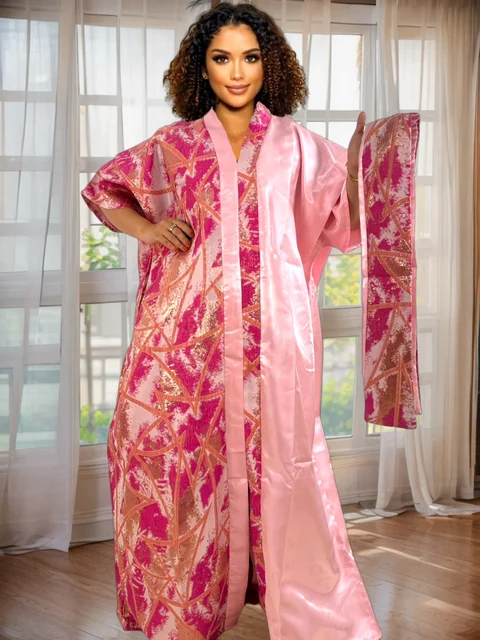 Abito Dashiki africano di lusso per donna: abito maxi vestibilità ampia con maniche a pipistrello con ricamo floreale 3