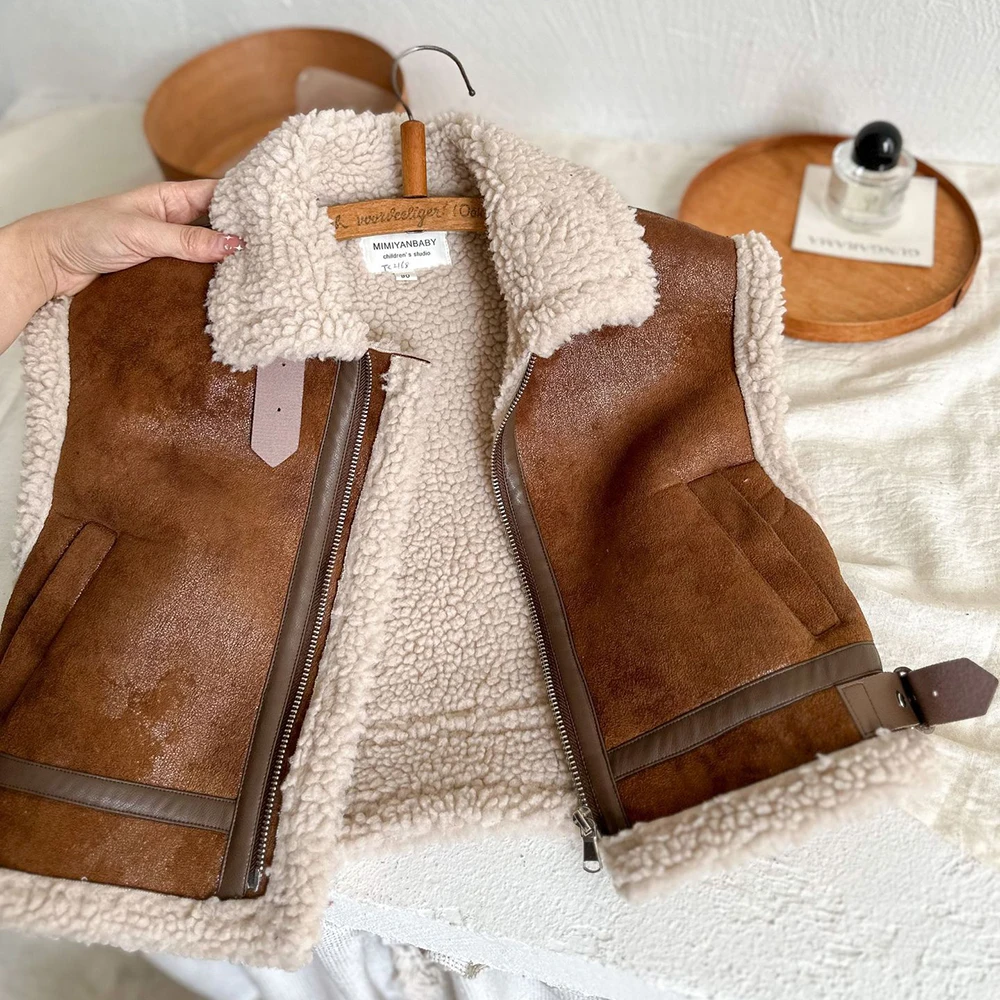 

Kids Lambswool Vest Coats Autumn Winter Fashion Sleeveless Thick Warm Suede Jackets Girls Boys Motorcycle Stand Collar Waistcoat