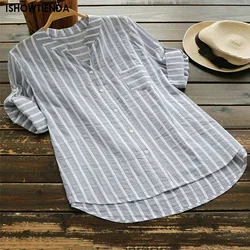 Fashion Spliced Cotton Chemise Women Casual Striped Shirts 2023 Leisure Lapel Long Sleeve Blouse Pocket Button Up Tops Shirt