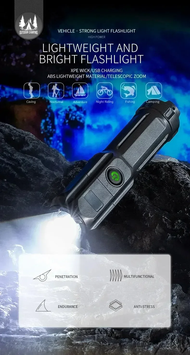 Description Picture 2 of itemHigh Power LED Flashlight USB Rechargeable Torch Portable Zoomable Camping Light 3 Lighting Modes Use High Strength ABS Material
