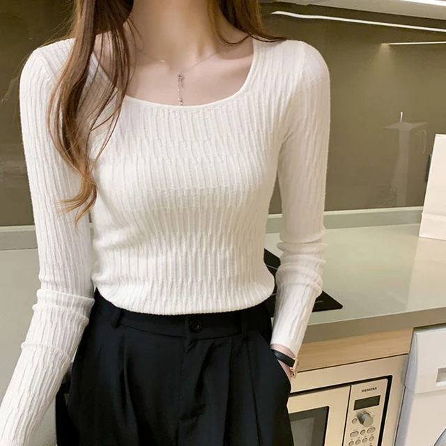 HELIAR-suéter de manga larga con cuello cuadrado para mujer, jerseys de punto ajustados, suéter informal de oficina, otoño e invierno, 2024 - Imagen 2