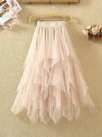 Femmes jupes en Tulle irrégulières mode élastique taille haute maille Tutu Jupe plissée jupes longues Jupe Midi Saias Faldas Jupe Femmle 5