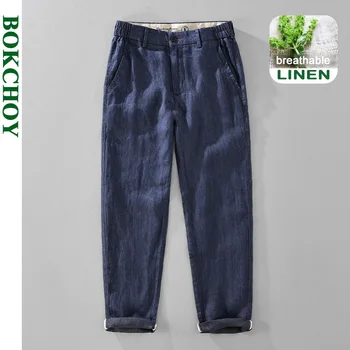 2025 Estate Nuovo Casual Puro Lino Pantaloni Sottili per Gli Uomini Abbigliamento Traspirante di Colore Solido Slim-fit Pantaloni Dritti EC1359 1