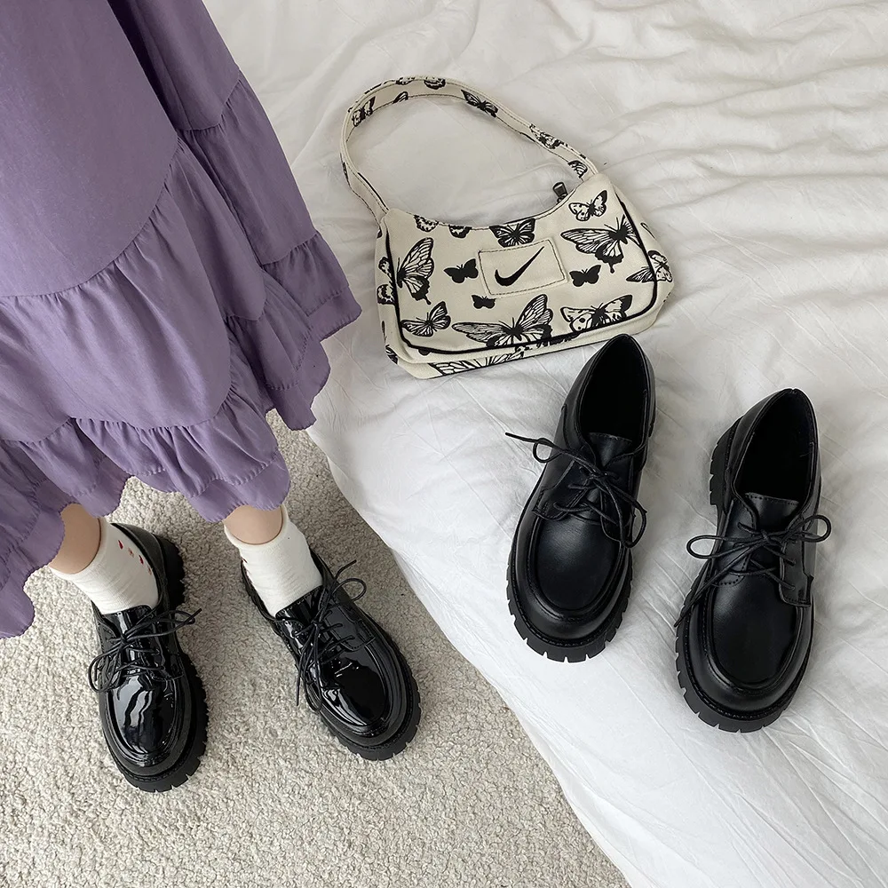 British Small Leather Shoes Women's Platform Heels Sexy Autumn New Retro Thick-soled Lace-up Shoes
