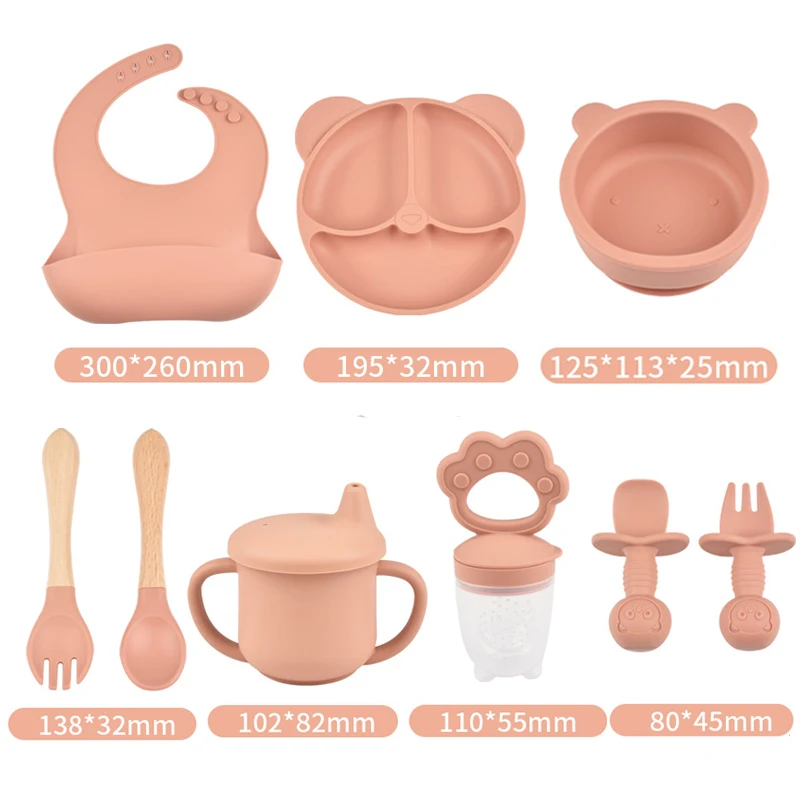 Children's Silicone Tableware Set Baby Adjustable Bib Divided Plate Drinking Cup Baby Suction Cups Bowl And Spoon Fork 9pce/Set silicone meal set,silicone feeding set,baby tableware set