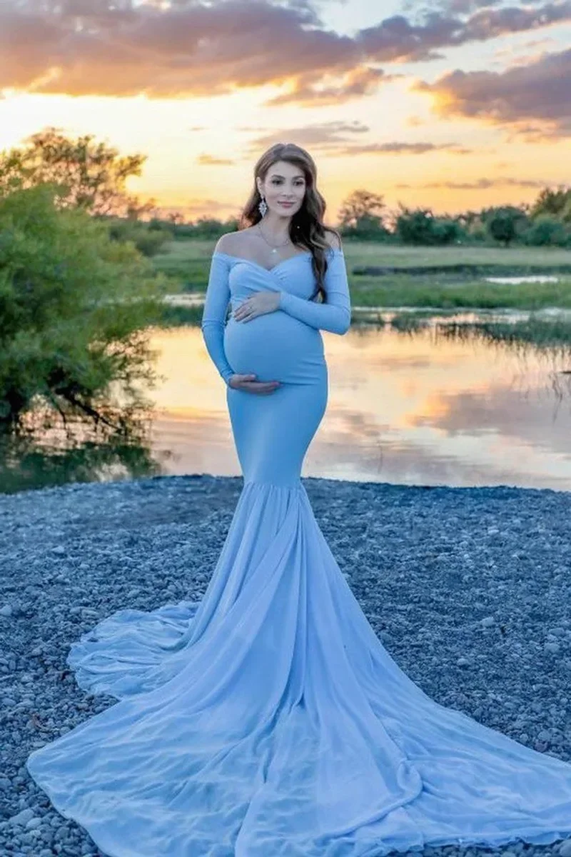 

Shoulderless Maternity Dress Photography Long Pregnancy Dresses Elegence Pregnant Women Maxi Maternity Gown For Photo Shoot Prop