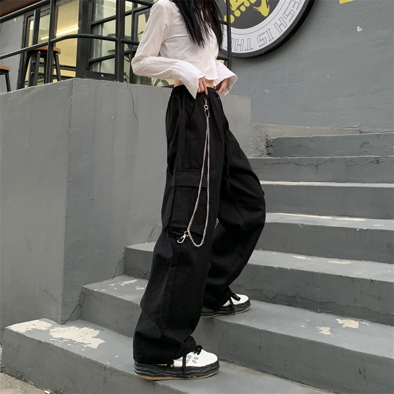 American Vintage Baggy Cargo Pants Women Men Spring New High Waiste Elastic Drawstring Multi-pocket Trousers with Chains