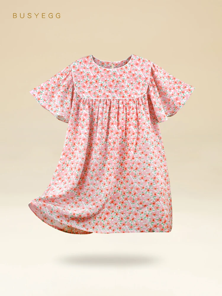 

Pink Small Flowers Children's Natural Silk Nightgown Summer Real Silk Girl Short Sleeve Home Dress Kids Princess Nightdress