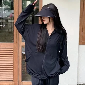Summer Women Ice Silk Solid Sun Protection Jacket Thin New Fashion Zipper Hooded Coat Versatile Loose-Fit Breathable Cardigan