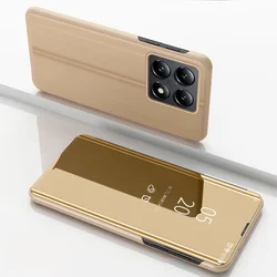 Sleek Mirror Flip Full Protection Phone Case with Premium Support Cover for Xiaomi 14 (Golden)