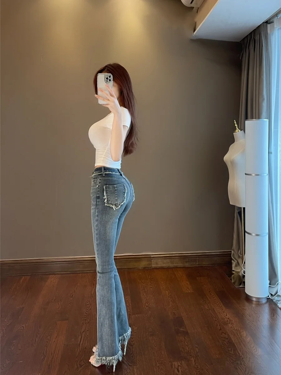 WOMENGAGA Tassel Flare Pants Jeans 2023 New Slim High Waist Elastic Horseshoe Pants Denim Trousers Fashion Women sexy K5BG
