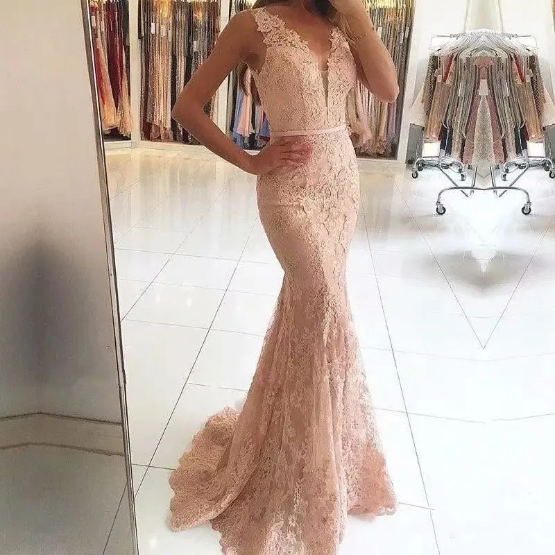 

Lace Rhinestons Mermaid Evening Dress for Women 2024 vestidos de fiesta Illusion Back Party Prom Gown V-neck vestidos de noche