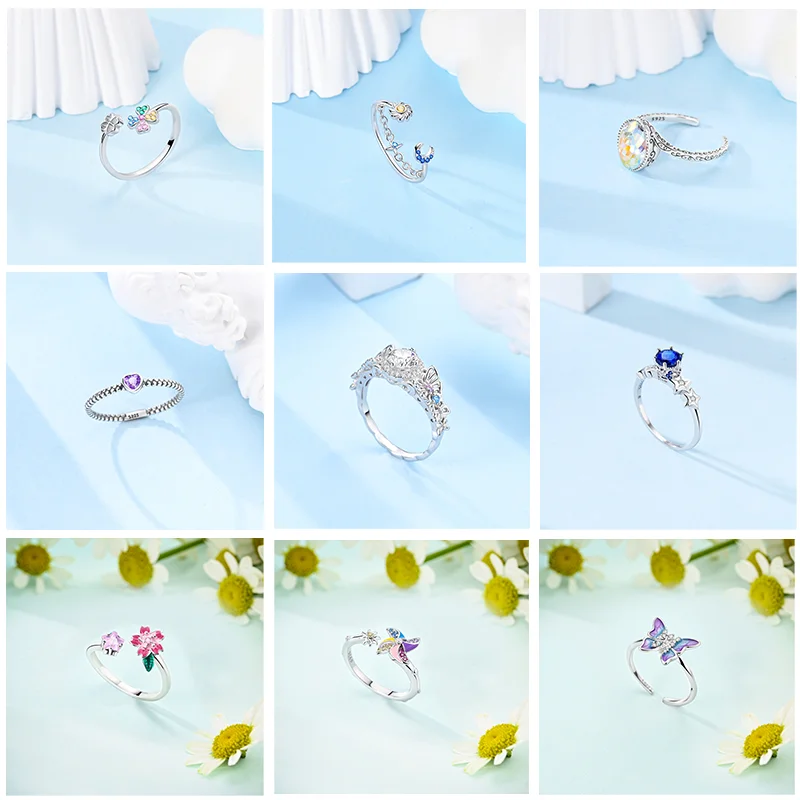 New 925 Sterling Silver Rings Blue Zircon Star Ring Original 925 Flower Ring DIY Women Jewelry Gift 5