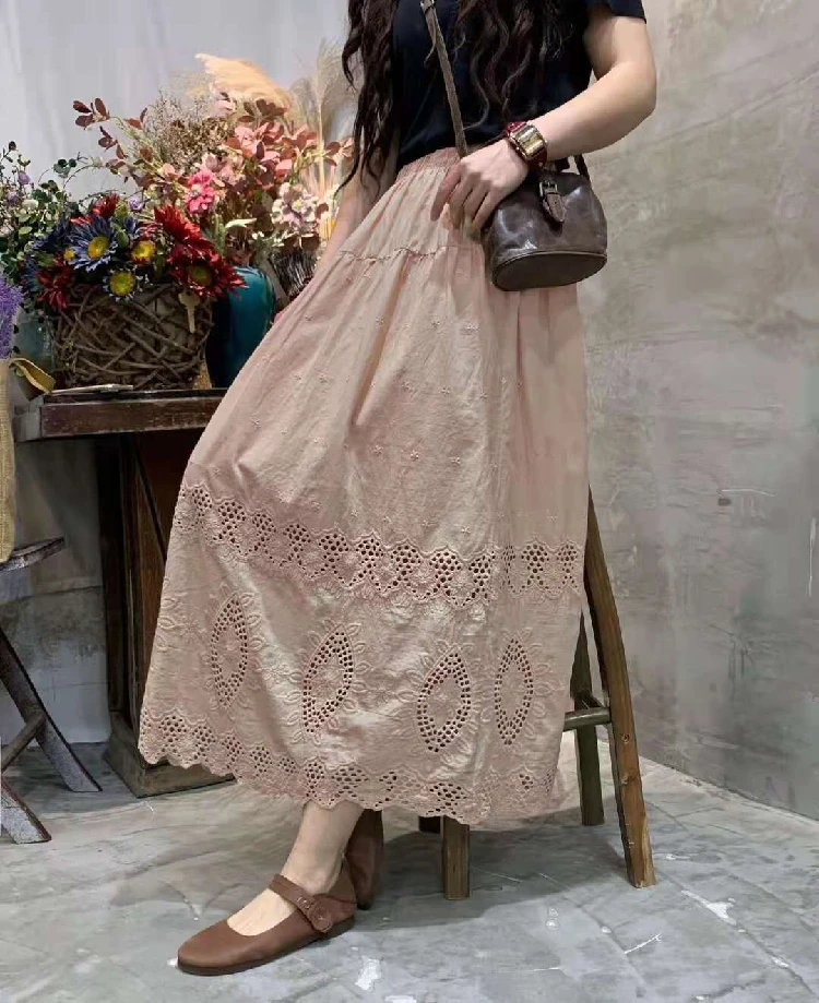 Ladies Skirt 2022 Summer Embroidery Cotton Linen Casual A line Hollow Out Casual Thin Long Skirt Female YoYiKamomo golf skirt