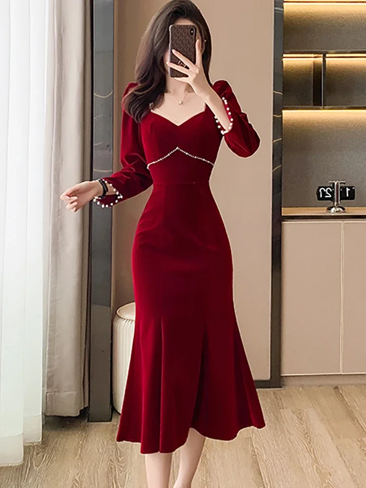 Women Red Velvet Elegant Christmas Dress Autumn Winter Chic