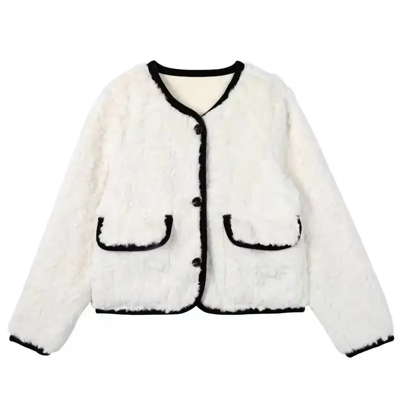 Winter New Women Korean Style Faux Fur Coat Female High-End Short Plush Outwear Fashion Patchwork Casual Round Collar Outcoat