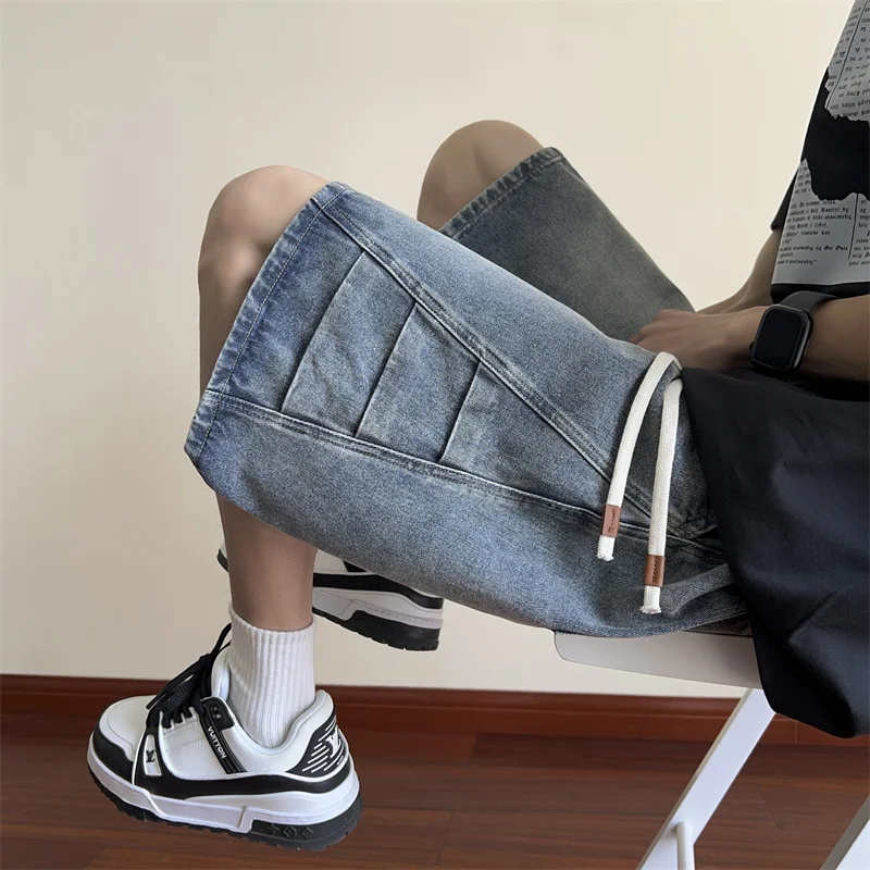 Summer Fashion Blue Denim Pants Shorts Men's Straight Casual Ins Youth All-match Fifth Pants Elastic Waist Chic Short
